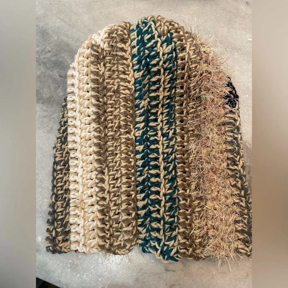 Handmade Crochet Chunky Ribbed Upcycled Multi Fiber Scrappy Yarn Beanie Hat